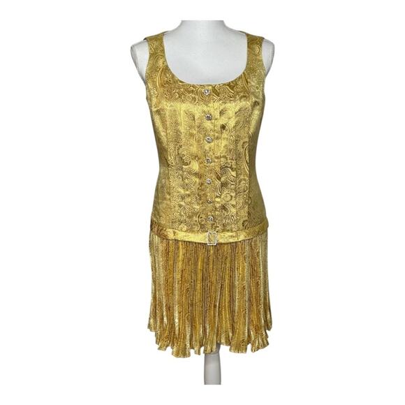 Betsey Johnson Drop Waist Gold Metallic Sleeveless Dress Rhinestone Buttons 8 - Picture 1 of 11